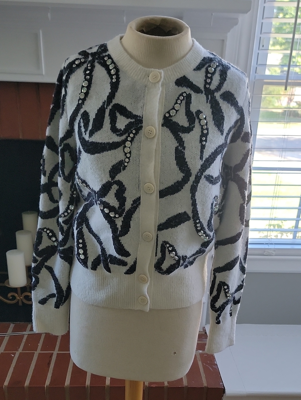 Tory Burch White and Black Sequin Floral-Pattern Cardigan
